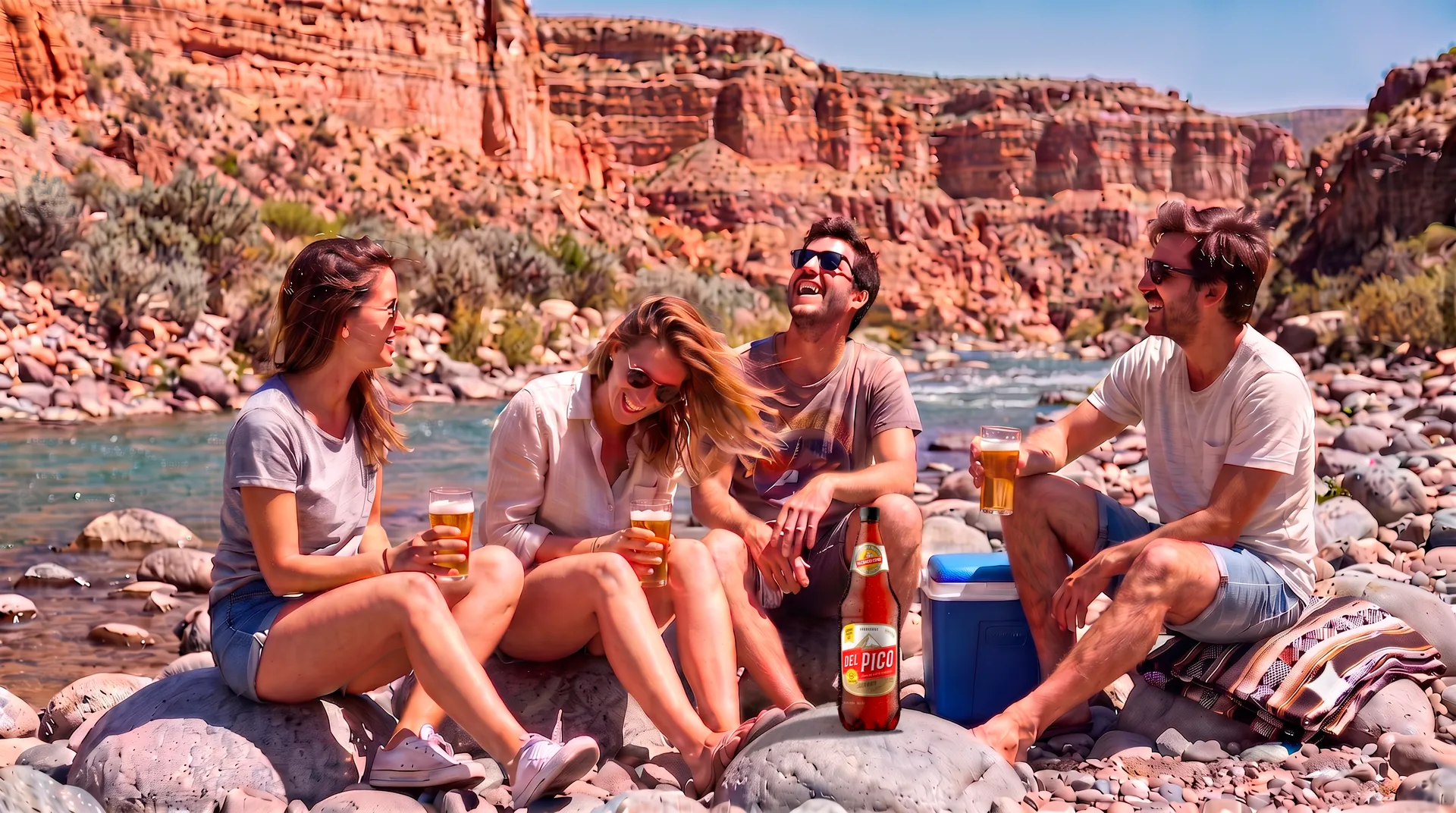 Grupo de amigos disfrutando Del Pico a la orilla de un río de montaña